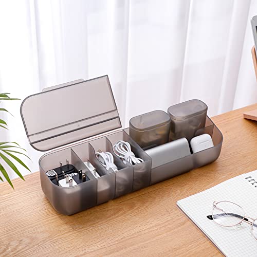 Tahaje Plastic Cable Storage Box with Lid, Large Cord Organizer Case with Wire Straps for Home Office Supplies, Phone Charger, Battery (Grey / 1 Pack)