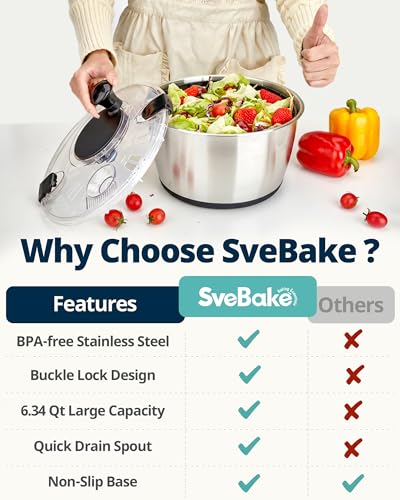 SveBake Stainless Steel Salad Spinner, 6.34Qt Large Lettuce Dryer, BPA-Free Vegetable & Fruit Washer with Drain, Easy Clean, Non-Slip Base, Transparent Lid