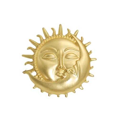 Image of Gold-Tone Moon Sun Brooch Pin Vintage Face Lapel Pin Dainty Crescent Moon with Flaming Sun Safty Pin Baroque Brooch Fairy Planet Badges for Hat Bag Pants Accessory Decoration Gift for Women Men