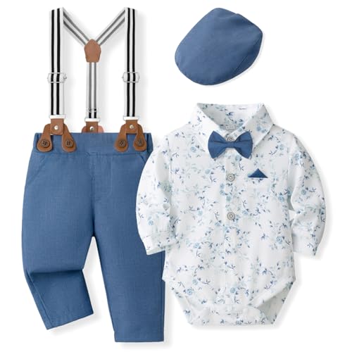Image of SALNIER Baby Boy Suit Set Infant Formal Outfit Tuxedo | Soft Cotton Shirt Suspenders Pants Bow Tie Beret Hat 5pcs Set, For Wedding Baptism Birthday Party
