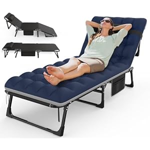 Suteck Folding Camping Cot, Adjustable 5+2 Positions Reclining Portable Outdoor Cot Heavy Duty Sleeping Bed Cots w/Pillow Mat Carry Bag, Chaise Lounge Chair for Home Office Nap Beach Pool Patio Travel