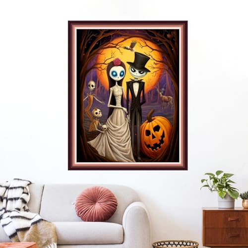 Image of Funxvoot Stamped Cross Stitch Kits for Beginners or Adults Embroidery Starter Patterns | DIY Printed Cross Stitch Kits Needlepoint for Adults 11CT-Skeleton Couple 16x20 inch