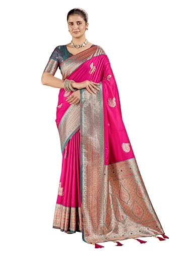 Image of Mehrang Women's Banarasi Silk Kanjivaram Saree For Wedding With Pure Zari Work, Woven Design, With Unstitched Blouse Piece