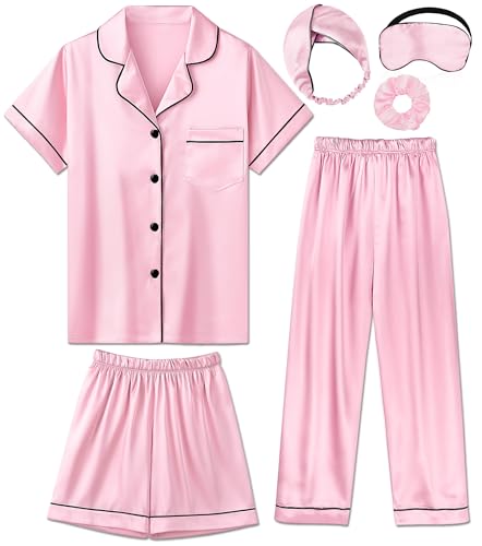 ALHAVONE Silk Pajamas for Girls Satin Pajama Kids 3 Pieces Short Sleeve Girl Button-down Pjs Shorts Pants Sleepwear (Pink, 11-12 Years)