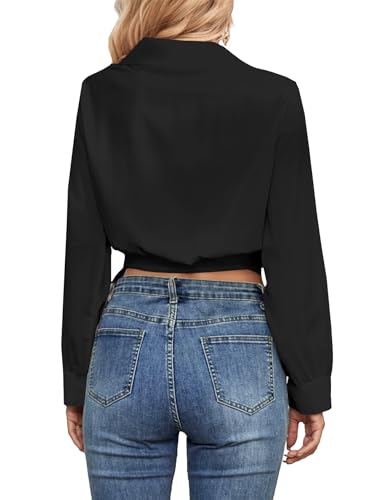 Vrtige Women's Wrap V Neck Self Tie Knot Long Sleeve Blouse Shirt Crop Top2