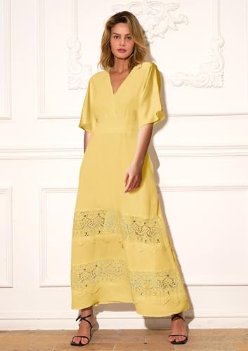 Image of Olaesa Boho Maxi Dress V Neck Short Sleeve Lace Smocked Waist Flowy Dress | Wedding Guest Dress with Pockets, Summer Bohemian Vacation Dress, Elegant Party Dress for Family photo& Baby Shower