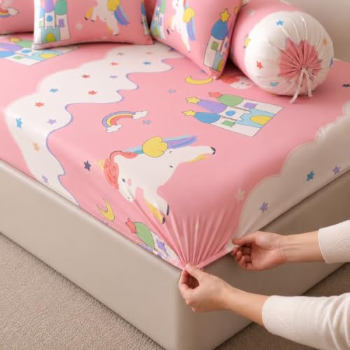 Image of Filymore Pink Star Unicorn Kids Fitted Diwan Set 8 Pieces - Microfiber Diwan Bedsheet Set with 5 Cushion Covers & 2 Bolster Covers | Soft Unicorn Print Diwan Cover Set for Girls Room