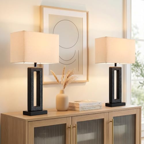 Image of 22 inch Matte Black Textured Ceramic Table Lamps Set of 2, Modern Bedside Lamps with Linen Shade, 5ft Cord Inline Rotary Gear Switch E26 Nightstand Lamp for Bedroom Living Room Entryway Decor