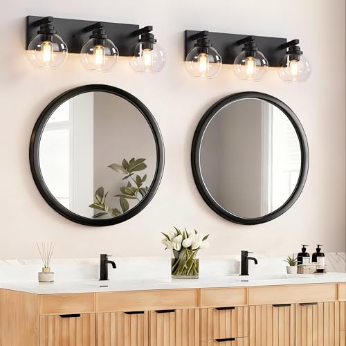 Image of LmnLvn Farmhouse 3-Light Vanity Light, Matte Black Metal with Glass Shade