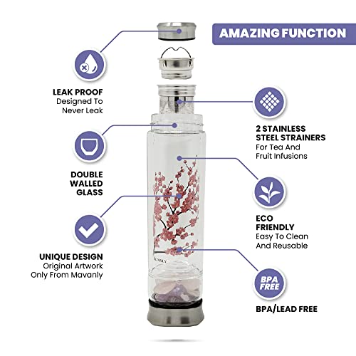 Cherry Blossom Double Walled Glass Crystal Water Bottle With Crystals Inside Eco-Friendly Crystal Gifts For Women, Rose Quartz, White Crystal, Amethyst, For Hot And Cold Drinks And Loose Tea Infuser #TOP1