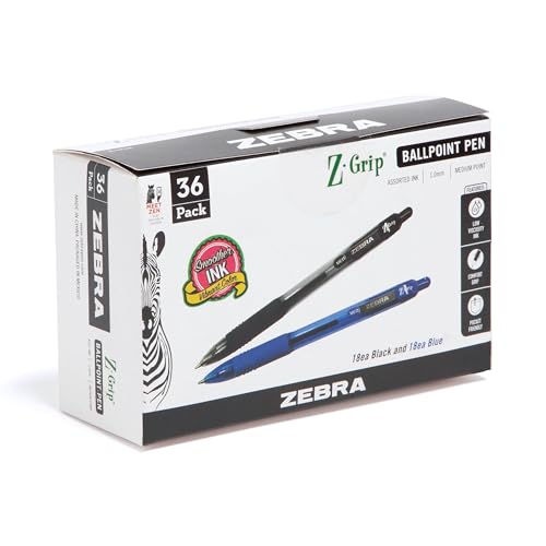 Zebra Pen Z-Grip Retractable Ballpoint Pen, Smooth-Flowing Black and Blue Ink, 1.0mm Medium Point, School & Office Supplies, Ideal for Note-Taking, Journal and Planner Use, 36-Pack (24036)