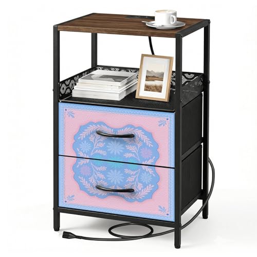 JCFANGALLERY Night Stand with Charging Station Nightstand with 2 Fabric Drawers Pastel Floral Soft Blue Pink Accents Bedroom Bedside Table End Table with Open Shelf USB Ports and Outlets