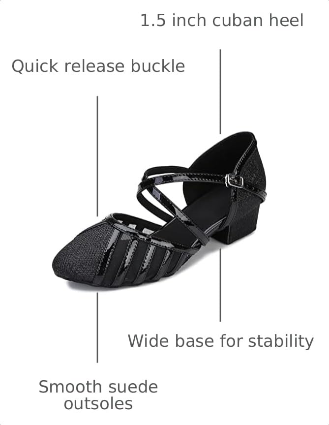 Image of Low Heel Ballroom Dance Shoes Women Latin Salsa Wedding Practice Dancing Shoes Sparkle Comfortable Closed Toe Dance Heels 1.5inch