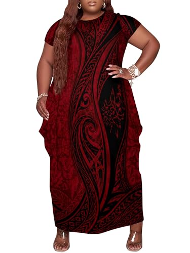 Image of Plus Size Maxi Dress for Women Short Sleeve V Neck Casual Loose Sundress with Pockets