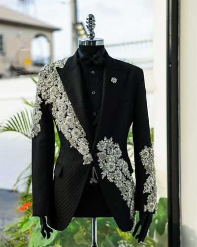 Mens Luxury 2 Piece Wedding Suit Slim Fit Peaked Lapel Jacket Blazer Pants with Handmade Floral Rhinestone for Prom3