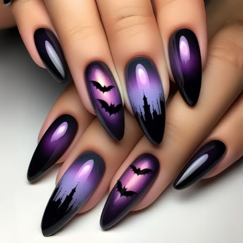 24 Pcs Halloween Press on Nails Short Almond,MINGCHUN Nail Tips Fake Nails Press ons Acrylic Nail Art Kit Supplies Full Cover Acrylic False Nails Glue Nail Stickers Decorations (Design A11)