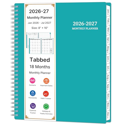 2026-2027 Monthly Planner, 18 Monthly Calendar Planner, January 2026 - June 2027, 8’’ x 10’’, 2026 Spiral Agenda with Tabs &Pocket, Flexible Cover, Organizer Notebook for Office Home School, Green