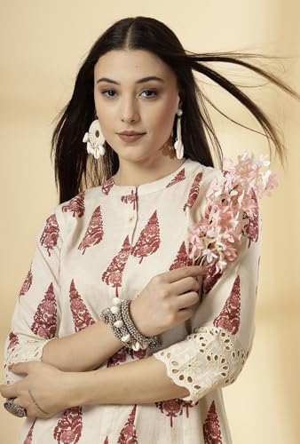Image of Pistaa's Women's Cotton Regular Fit A Line Regular A-Line Printed Cutwork Sleeve Kurta