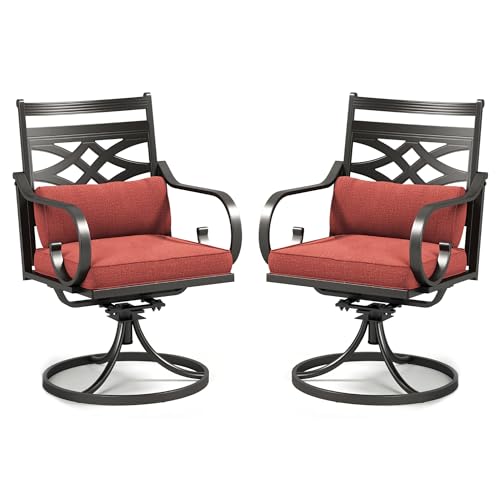 PHI VILLA Outdoor Swivel Chairs Set of 2, Patio Wrought Iron Dining Chairs with Red Cushions and Pillows, All Weather Heavy-Duty Black Metal Steel Seating Furniture for Outside Deck, Porch, Backyard