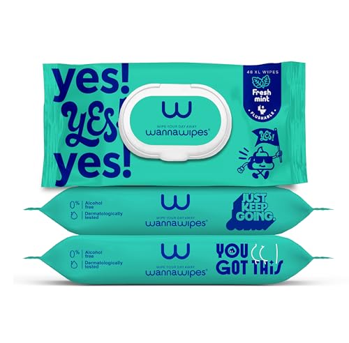 WANNAWIPES Toallitas Desechables WC - Tamaño XL Adultos – 144 Uds (3 Packs) – Fresh Mint – Menta y Vitamina E - Efecto Refrescante y Calmante – Gran Resistencia – Biodegradables 100 % Fibras Vegetales