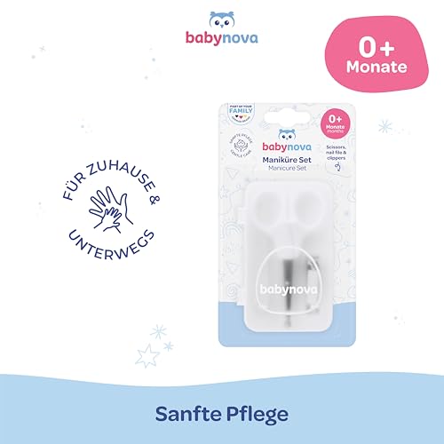 babynova Maniküre Set für Babys – Sicheres Baby Nagelpflege Set mit Schere mit abgerundeten Spitzen, Nagelknipser & Feile – Hygienische Aufbewahrungsbox für Reisen & den täglichen Gebrauch – BPA-frei