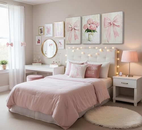 Image of 3Pcs Trendy Pink Bows Canvas Wall Art for College Apartment Bedroom Decor