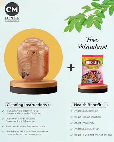 Image of Copper Master Pure Copper Water Dispenser 5 Litre Hammered (Matka /Pot) with 6 Glasses Ayurvedic Matka for Drinking Water for Home and Office Health Benefits Leakproof 5000ml (Small)