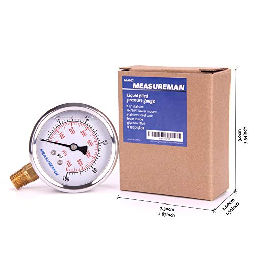 measureman 2-1234 dial size glycerin filled pressure gauge 0-100psikpa 304 stainless steel case 1434 npt lower mount