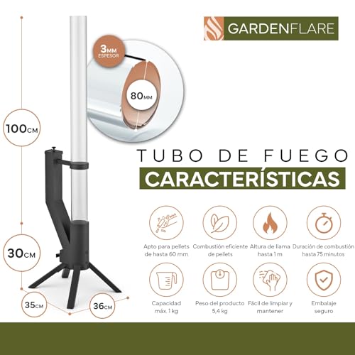 Miniatura 4 de Gardenflare Brasero Exterior De Jardín Chimenea De Terraza, De Balcón, Tubo Columna De Fuego De Acero Inoxidable Y Antorcha De Pellets Para Un Gran Fuego Ambiental, Llamas De Hasta 1 Metro