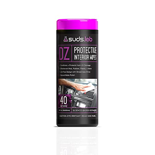 Suds Lab DZ Protective Interior Wipes, Interior Shield Car Protectant Wipes, Clean and Protect Automotive Surfaces from UV Damage, Fading, and Dust Buildup, Natural Matte Polish, 40 count