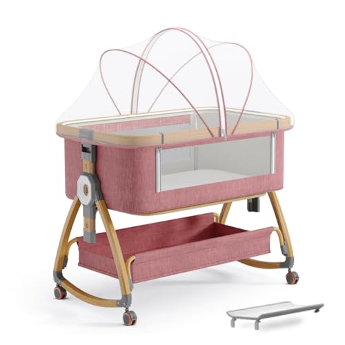 Image of Baby Bassinet, Bedside Bassinet for Baby, 4 in 1 Portable Bassinet Bedside Sleeper with Wheels Mosquito Net & Storage Basket, 6 Height Adjustable Rocking Bassinet for Newborn Baby