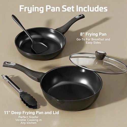 Image of Nonstick Cookware Set, Titanium Coating Pan Set, Induction Cookware Oven Safe RV Kitchen Set, PFAS PFOA & PTFE Free, (8+11Inch with Lid)