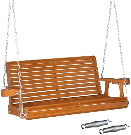 VINGLI XL 4 FT Pro Wooden Porch Swing with Cup Holders, 880 LBS, Brown