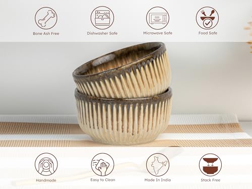 Image of Bodhi House Ceramic Deep Serving Bowls Set of 2 | 800ml Multipurpose Bowls for Ramen, Salad, Cereal, Snacks & More | Microwave Safe | Rustic Sand Beige | Stylish Dining & Gifting Choice
