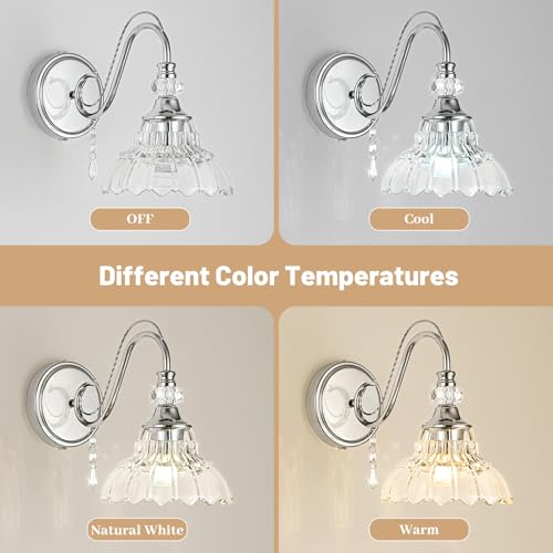 Image of 1 Piece Brushed Chrome Finish Wall Sconce, 1-Light Modern Wall Sconce with Hanging Crystal Accents and Flower-Shaped Clear Shades for Bathroom Bedroom Living Room,Modern Vanity Light