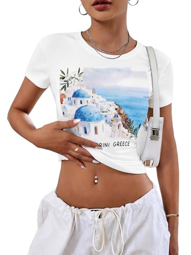 TAKEYAL Women's Baby Tee Graphic Casual Crop Top Y2K Baby Tee Summer Tops for Women Large White-C