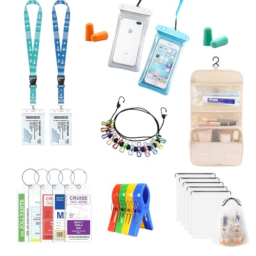 Cruise Ship Essentials, Cruise Luggage Tags& Travel Accessories Set with Waterproof Phone Holder, Clothes Clips & Ear Plugs for Cruise Vacation