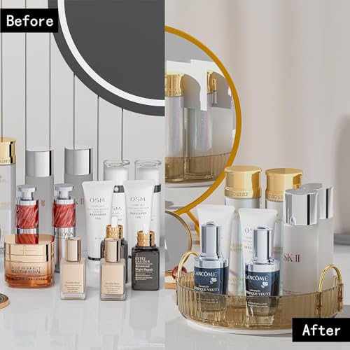 Image of 360 Rotating Makeup Organizer, Bathroom Make Up Spinning Holder Rack, Large Capacity Cosmetics Storage Vanity Shelf Countertop, Fits Cosmetics, Perfume, Skincare, Lipsticks (1 Tier, Amber)