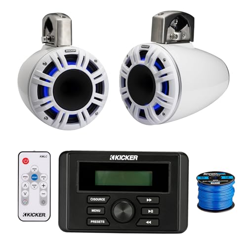 Kicker 46KMC3 All-Weather Marine Gauge Style USB Bluetooth AM/FM Media Center Receiver, 2X 6.5 300 Watt Peak Multicolor LED Marine HLCD Tower Speakers (White) with LED Remote, 16 Gauge 50 feet Wire