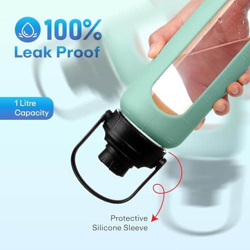 Image of Rioware Motivational Borosilicate Glass Water Bottle 1 Litre with Silicone Sleeve | Time Markings, Airtight, Leak-Proof BPA-Free Bottle For Fridge, Gym, Travel, Office & Home (GREEN PO2)