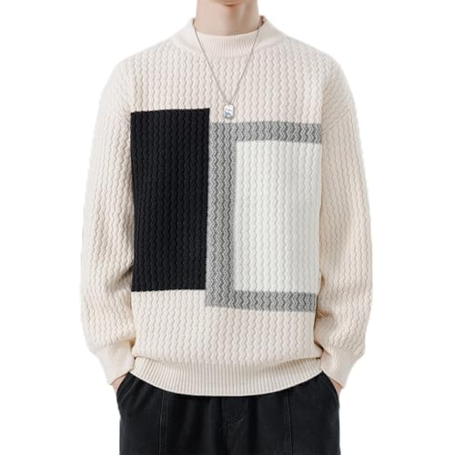 Mens Cable Color Block Knit Sweater Long Sleeve Mock Neck Pullover Sweater Fall Outfits 2025