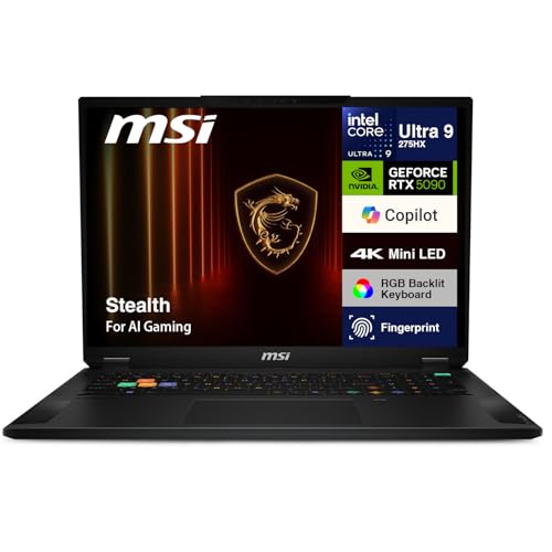 Image of MSI Stealth AI Gaming Laptop 18 inch 4K (Intel Ultra 9-275HX, GeForce RTX 5090 24GB, 64GB DDR5, 4TB PCIe SSD, Bluetooth 5.4, RJ-45, Webcam, Fingerprint, RGB KBWin 11 Pro) w /Premium Backpack