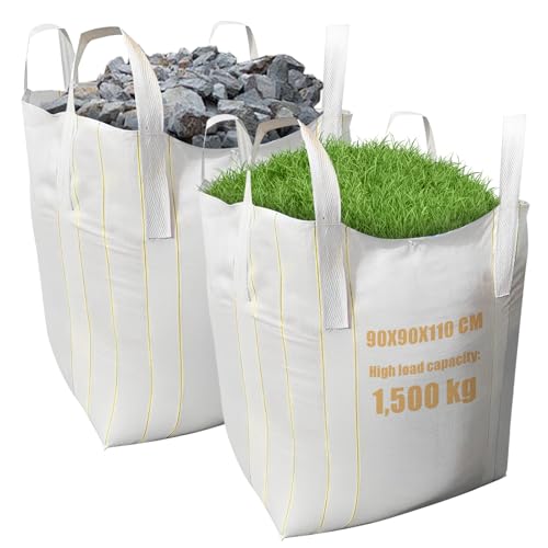DAJAVE 2 Stück Big Bag 90x90x110 cm Big Pack Säcke für Bauschutt Holz Gartenabfall Sand - Bauschuttsäcke 1.500kg mit 4 Hebeschlaufen für Transport