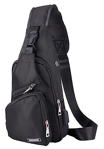 JUMO CYLY Mens Sling Bag, Leather Sling Bag with USB Charging Port Waterproof HikingTravel Body Chest Crossbody Bag Casual Daypack Backpack