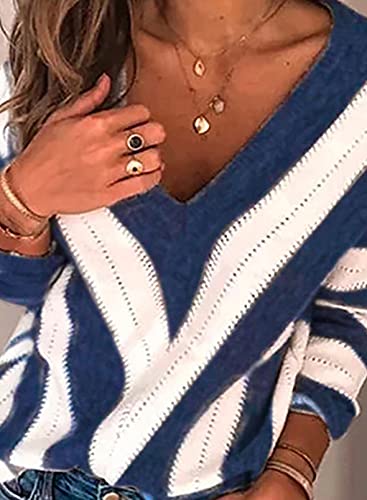 Elapsy Womens Ladies Casual Autumn Winter Stitching Contrast Color Block V Neck Pullover Sweater Jumper Top Outfit Blue L #TOP3