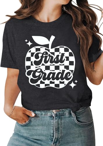 Teacher Shirts for Women First Grade Teacher Shirt Back to School Graphic Tees Casual Elementary Short Sleeve Tops Grey