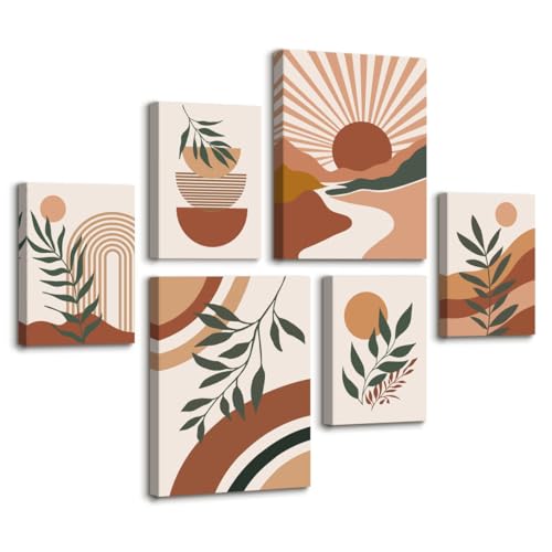 6 Pcs Tableau Decoration Murale Boho Terracotta Lignes Géométriques Affiche En Cadre Set, Orange...