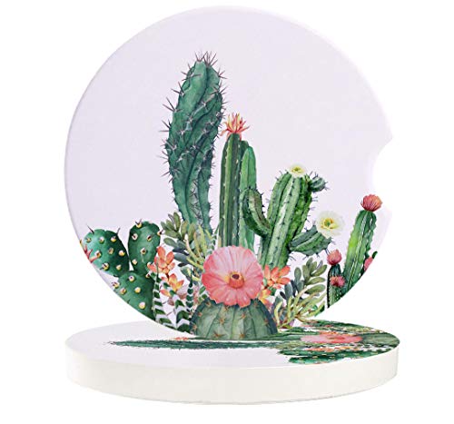 Absorbent Car Coasters Fresh Cactus Succulent Ceramic Car Cupholder Coasters Tropical plants Car Accessories with A Finger Notch for Easy Removel (2 pack)