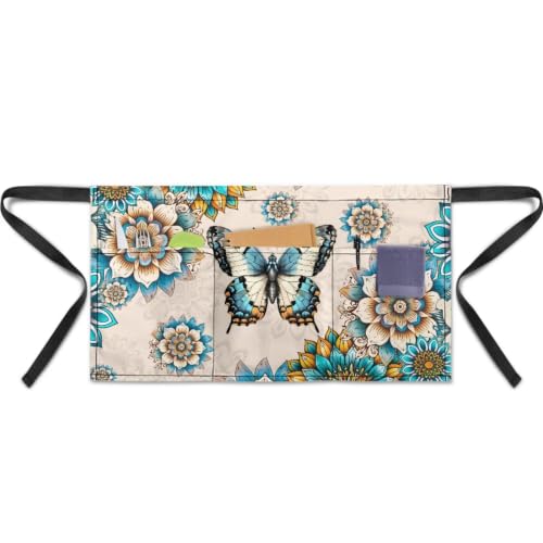Noprintge Gorgeous Butterfly and Flower Print Server Apron with 3 Pockets, Waitress Apron for Waitress Waiter, Short Half Waist Aprons 13.19 X 23.43 Inch Waterproof & Oil Apron
