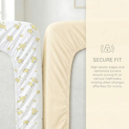 Image of 4 Pack Stretchy Bassinet Sheets 20 inch x 35 inch Compatible with Newton, Ezebaby, Angelbliss, AMKE(3 in 1) & Other Large Bedside Sleeper - Soft Breathable Fitted Bassinet Sheets - Light Floral Yellow